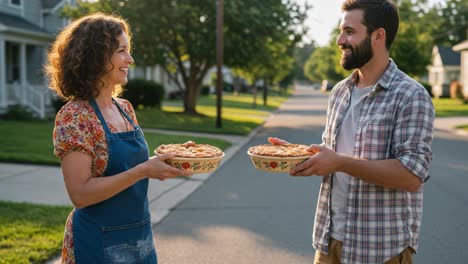 couple sharing homemade pies in a sunny neighborhood