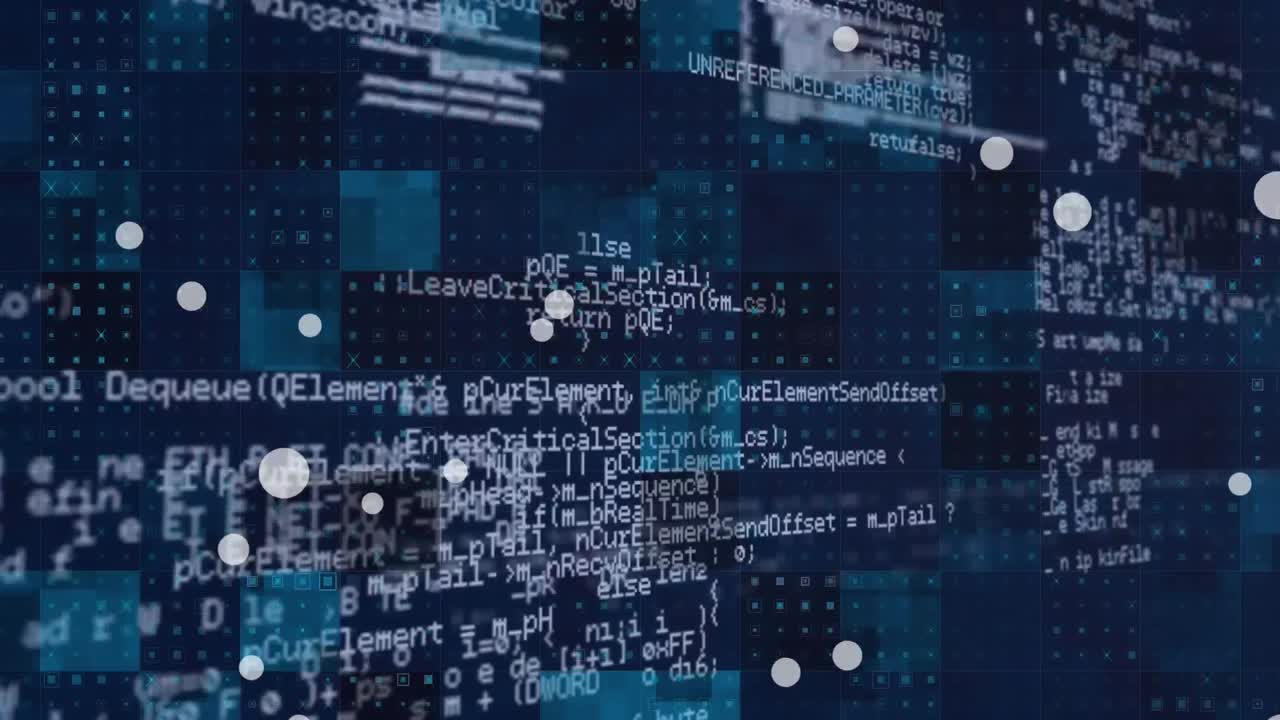 Animation of computer language, circles and illuminated squares over abstract background