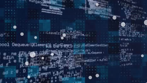 animation of computer language, circles and illuminated squares over abstract background