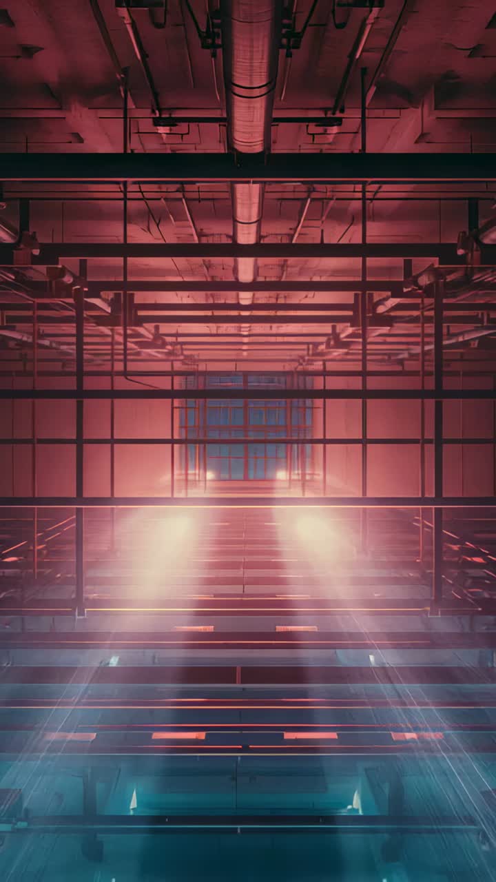 Vertical video: Window flaring casting shafts down central stairs in large atrium, showing red glow