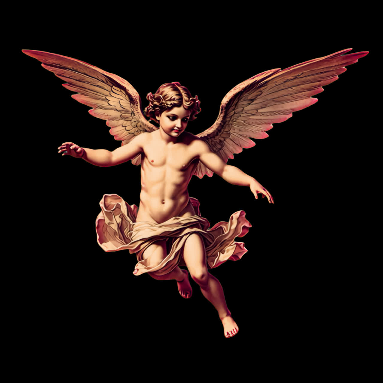 Cherubic angel with flowing wings animation isolated asset, transparent 4K video, alpha channel