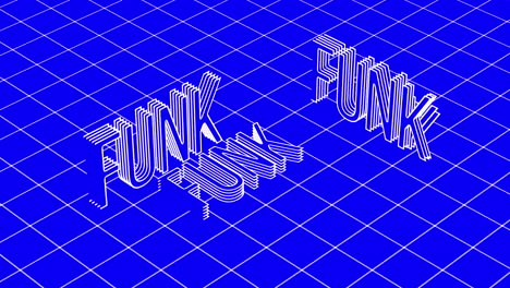 animation of the word funk in 3d white line text with white grid on blue background