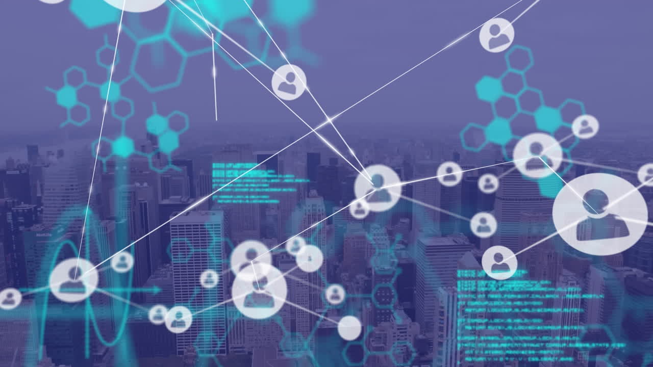 아이콘과 데이터 처리를 통해 도시 풍경에 대한 연결 네트워크의 애니메이션