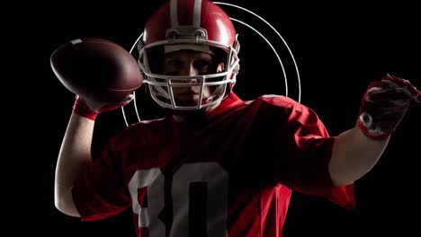 animation of caucasian male rugby player throwing a ball and red abstract shapes in semaless pattern