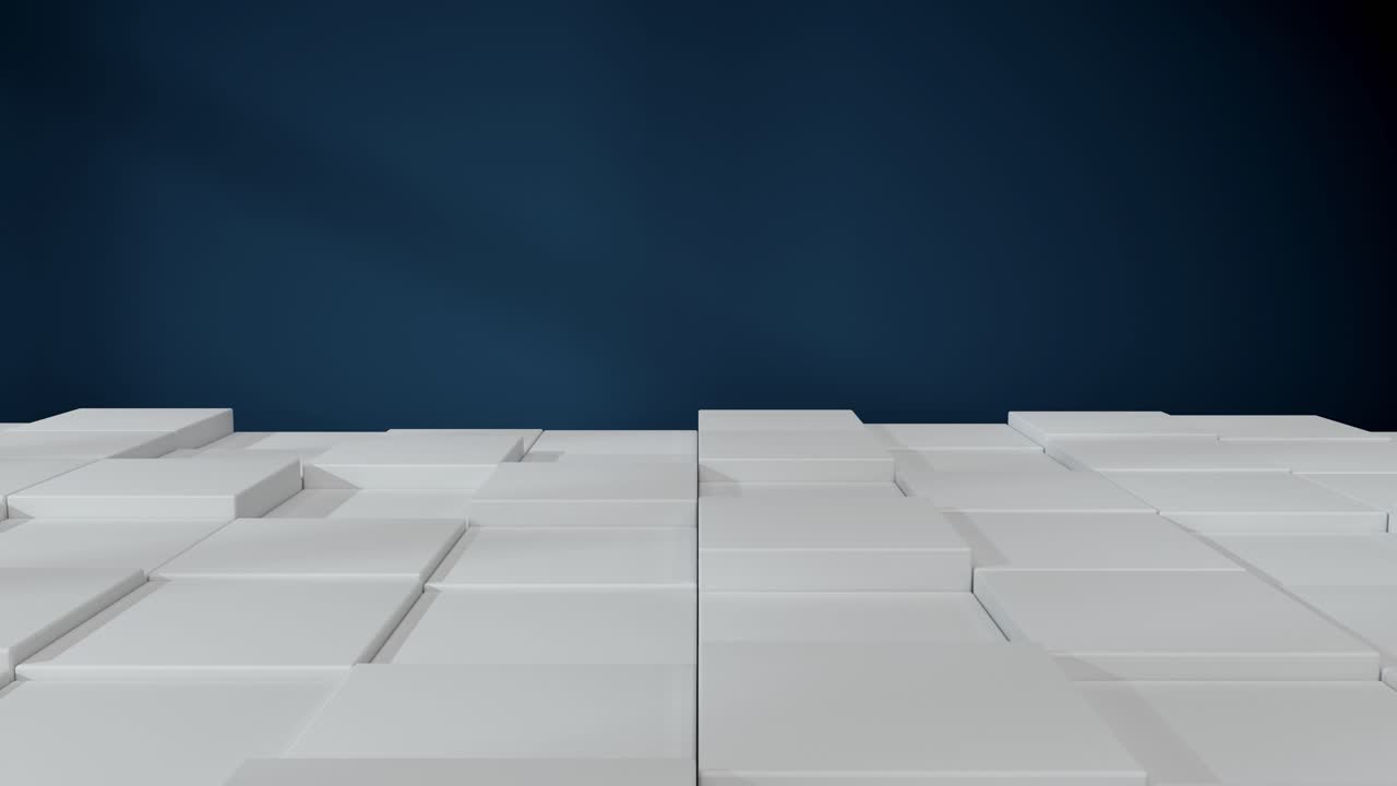 White wave floating cubic floor with blue wall background, 3d rendering.