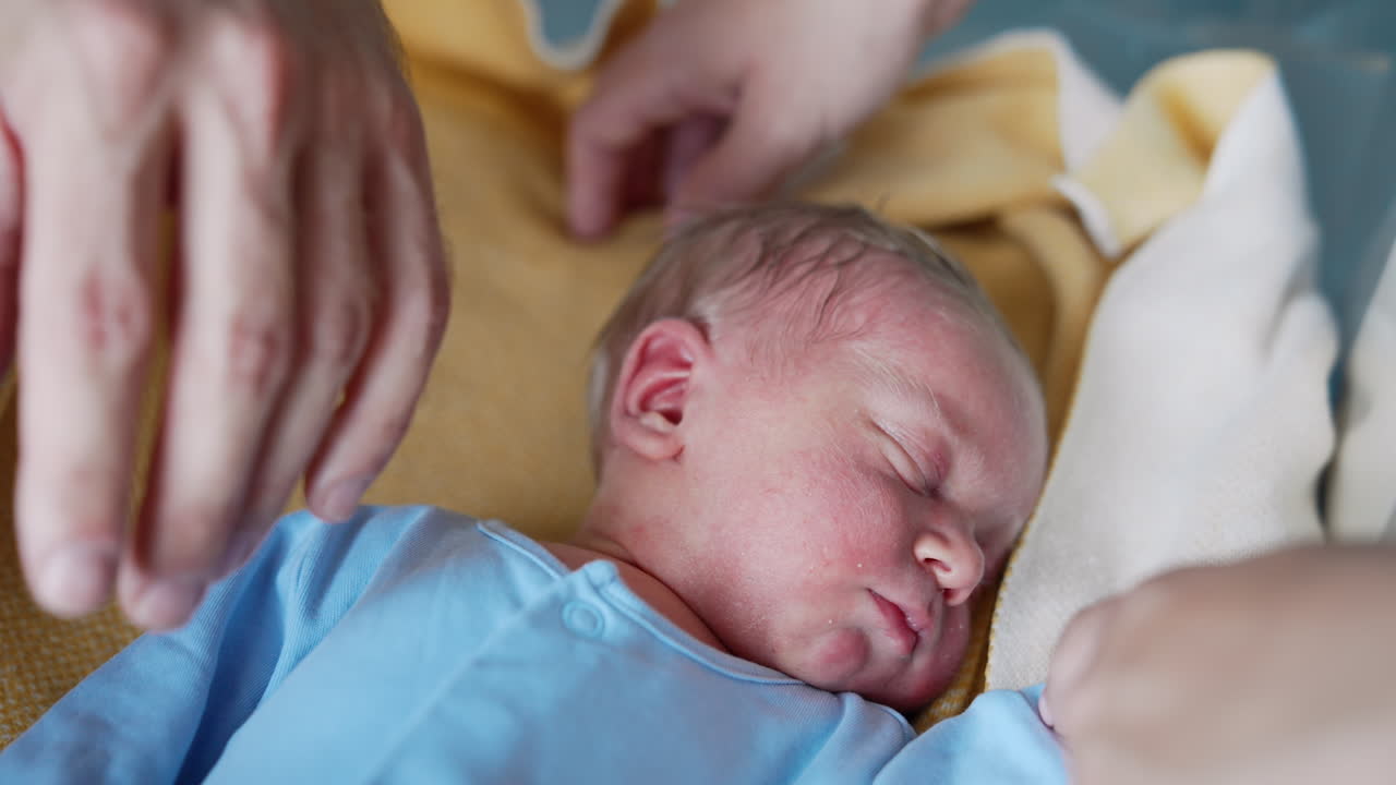 Hands of parents in the crib around the baby. Little child in blue romper sleeping tight. Close up.