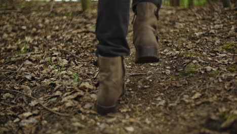 nahaufnahme von braunen stiefeln, die durch den wald laufen