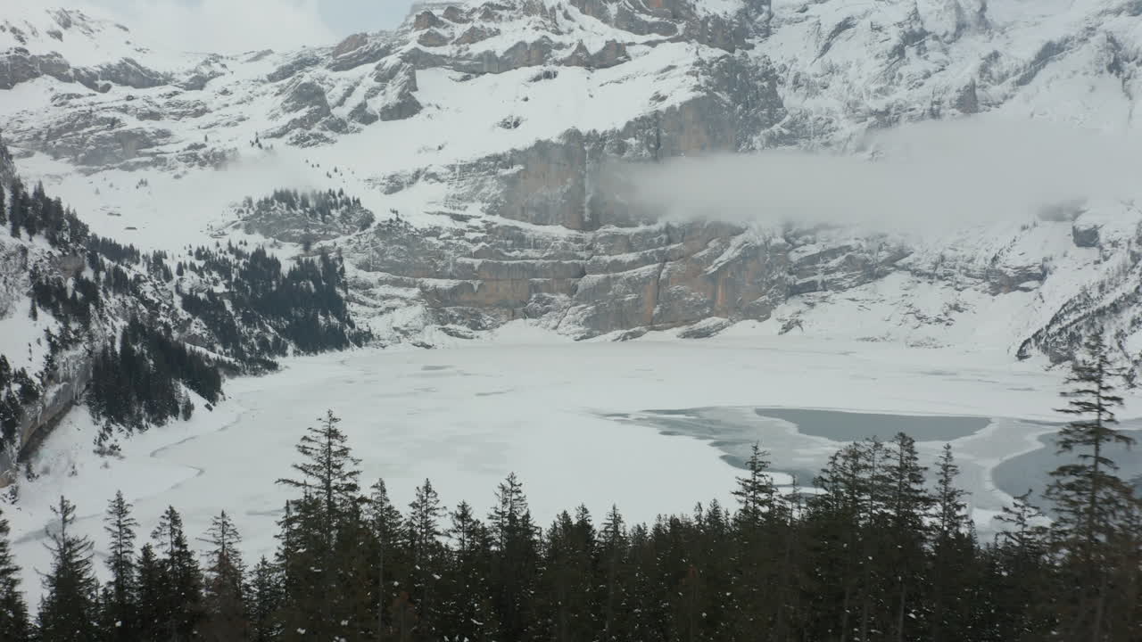 volando sobre un bosque verde y revelando un lago congelado en el desierto