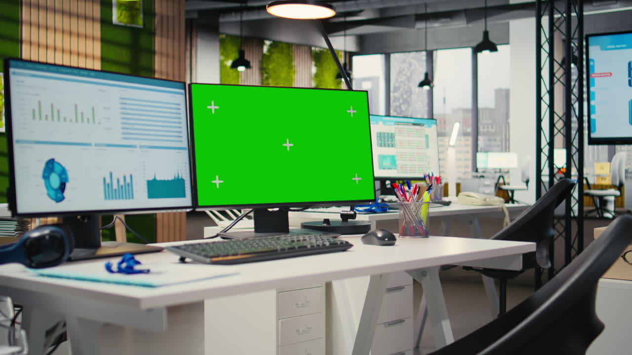 Vertical Video Contemporary office space with copy space dual monitors computer