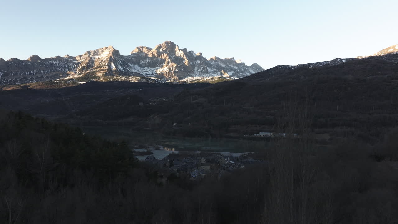 Snowy Mountain Valley with Village and Lake