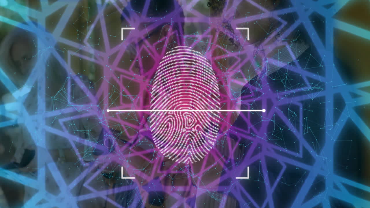 security analyst monitoring biometric interface with fingerprint and glowing network overlay