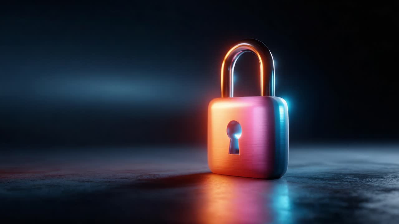 A Captivating View of a Colorful Metallic Padlock Illuminated by Soft Light, Symbolizing Security and Protection Against Intrusions in a Mysterious Atmosphere