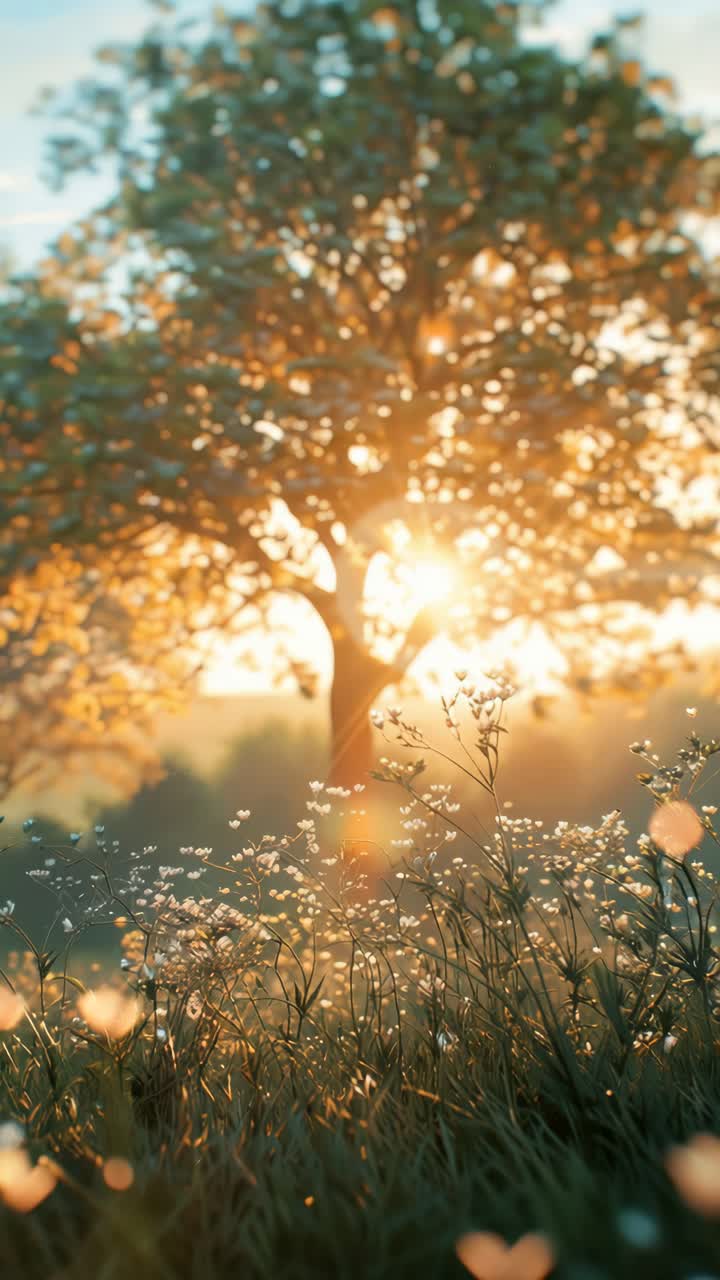 A serene video scene of a sunlit tree at sunrise, captured from a low angle
