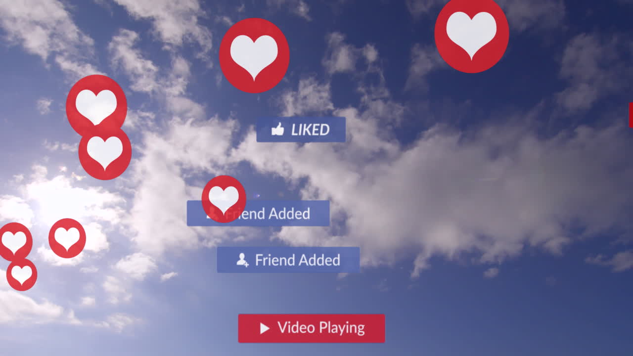 Animation of social media text on banners with digital icons over sky in background