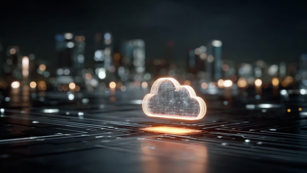 Futuristic Cloud Computing Concept Showcasing Digital Data Transfer with Two Distinctively Illuminated Cloud Icons in a High-Tech Urban Environment