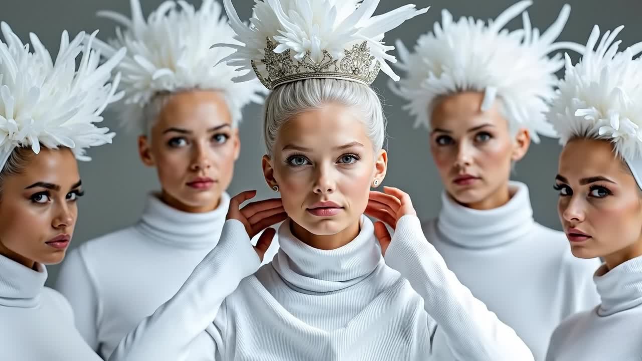 A group of women wearing white feathers on their heads