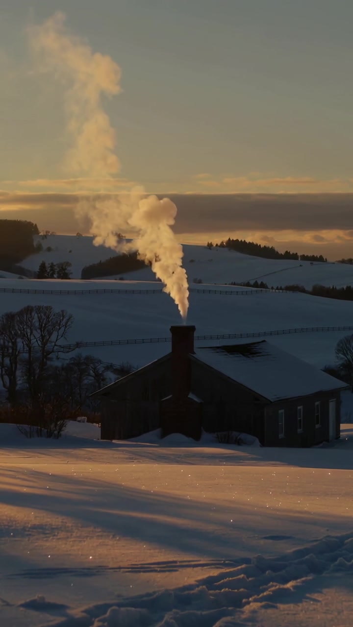 Vertikal video: Viser mørk lade, murstensskorsten sender røg væltende ud over et sneklædt felt ved solopgang.