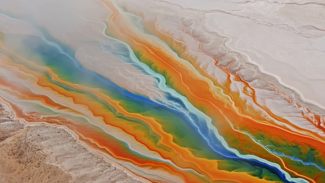 Aerial View Colorful Geothermal Springs Orange Blue Mats Sweeping Across White Salt Flats, Drone Survey