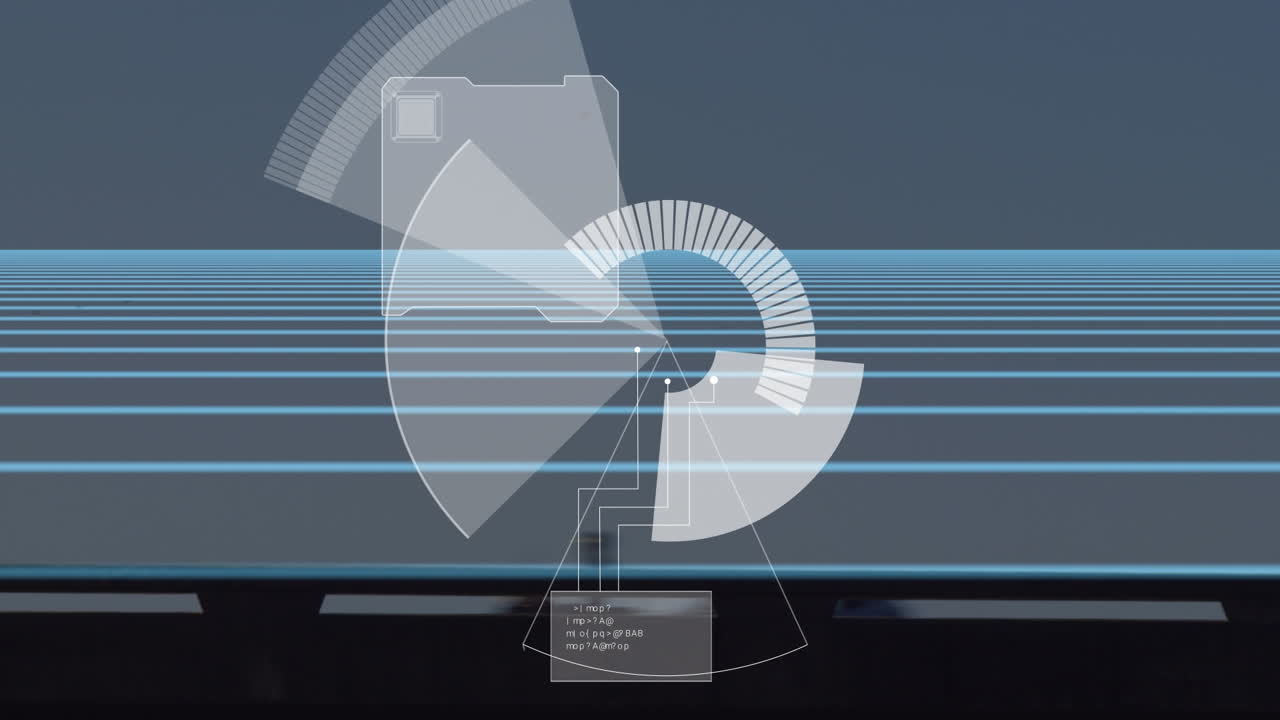 animación de escaneo de alcance y procesamiento de datos sobre líneas brillantes azules en movimiento rápido