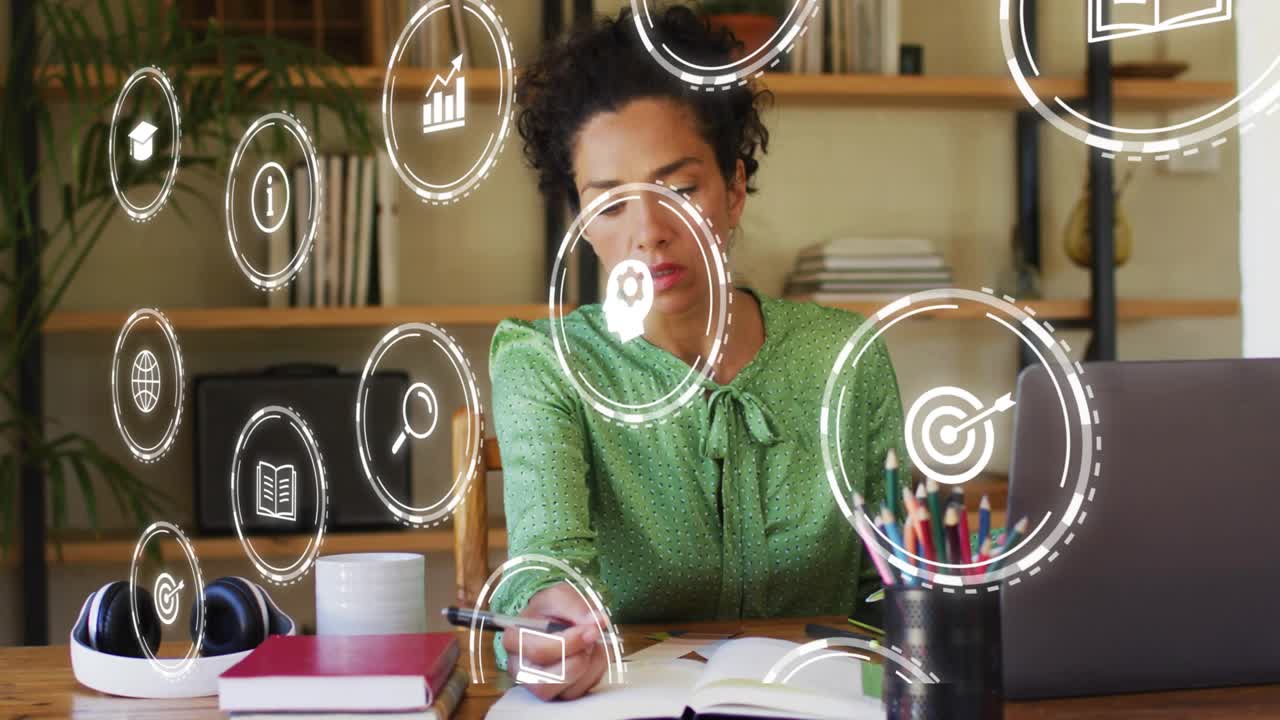 Pen tapping initiating floating digital icons around woman writing and sipping tea for study