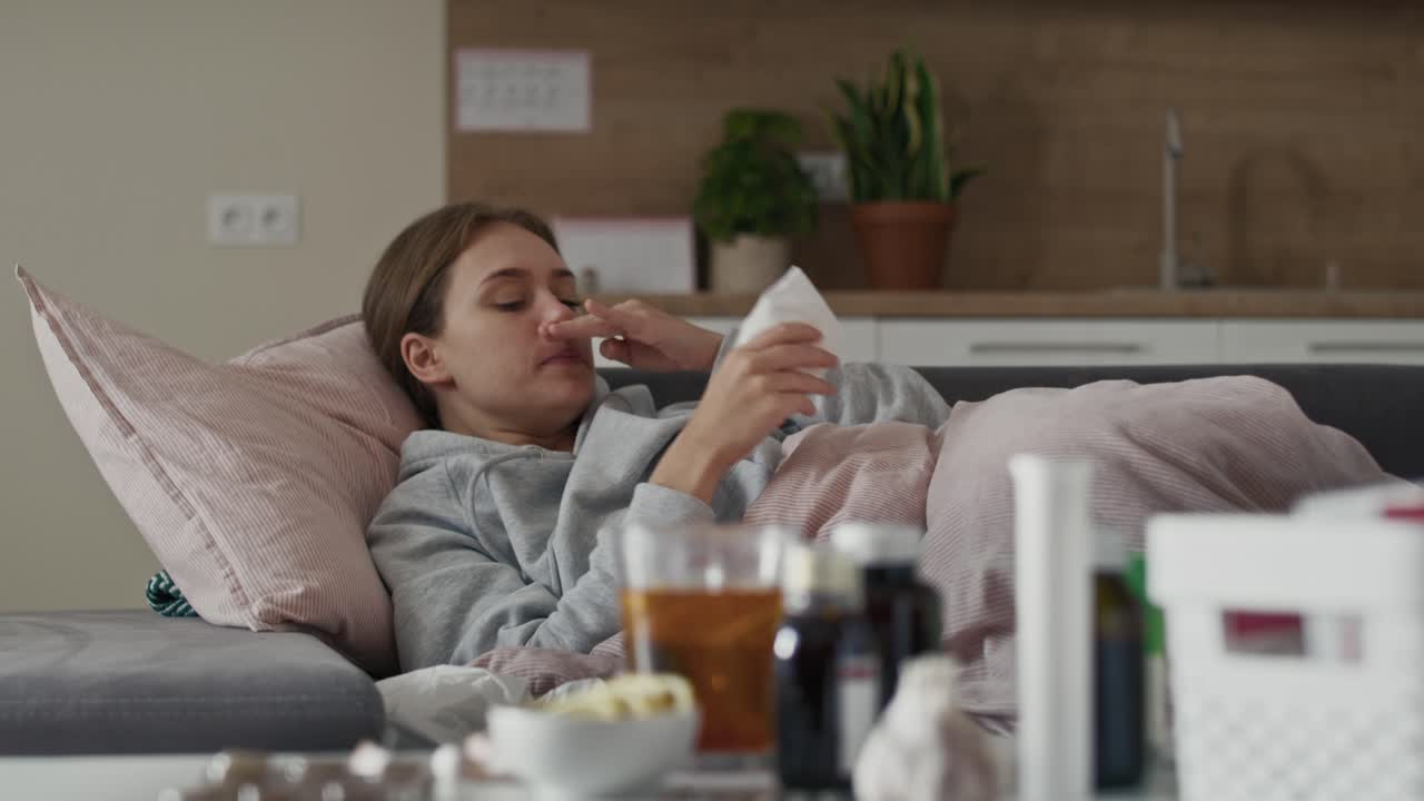 Sick caucasian woman lying down under the duvet.