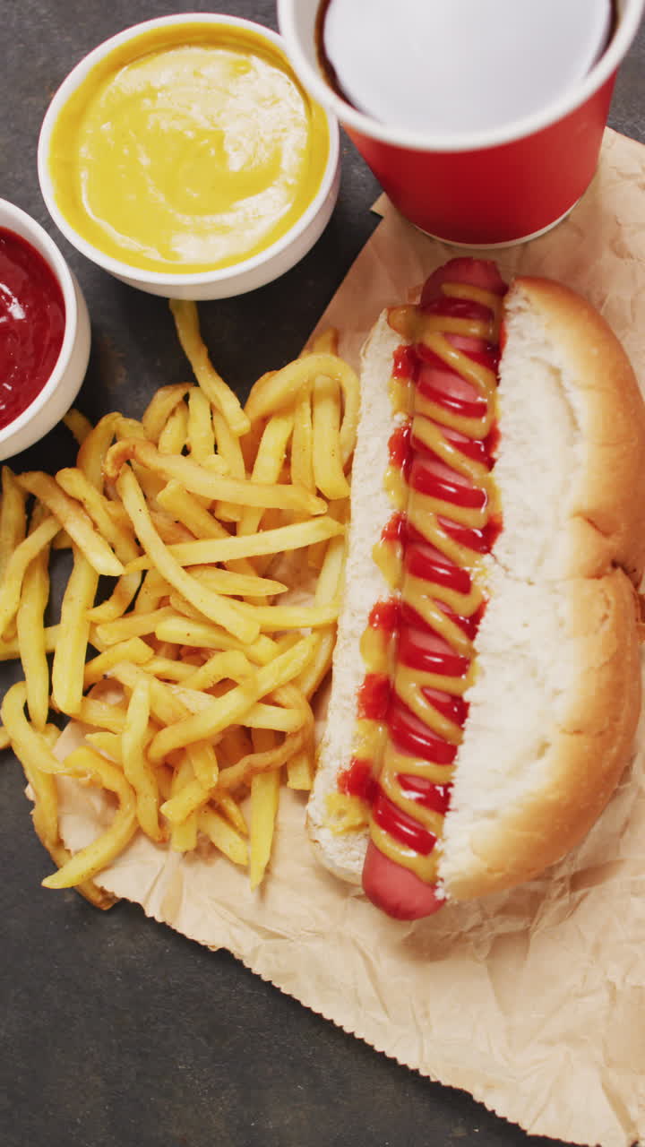 video vertical de perritos calientes, papas fritas y salsas
