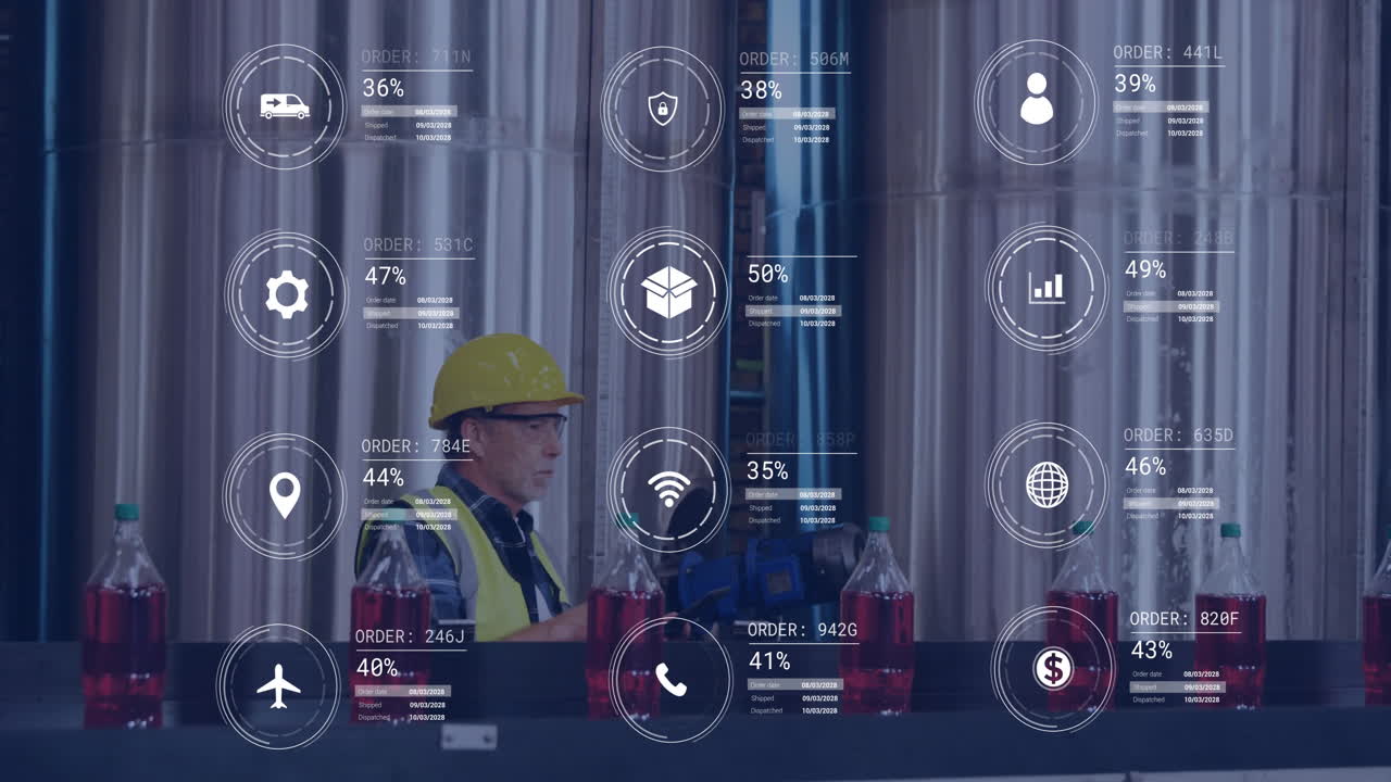 Animation of icons and data processing over caucasian man working in warehouse