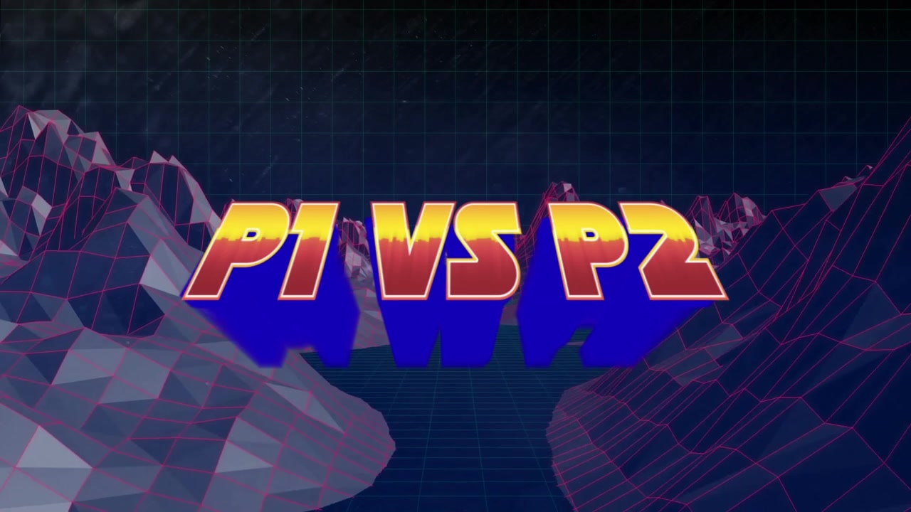 Animazione di p1 vs p2 su un paesaggio del metaverso su sfondo viola