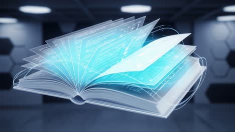 a futuristic concept of an open book surrounded by digital data streams and visual effects, highlighting the intersection of technology and knowledge in a modern environment