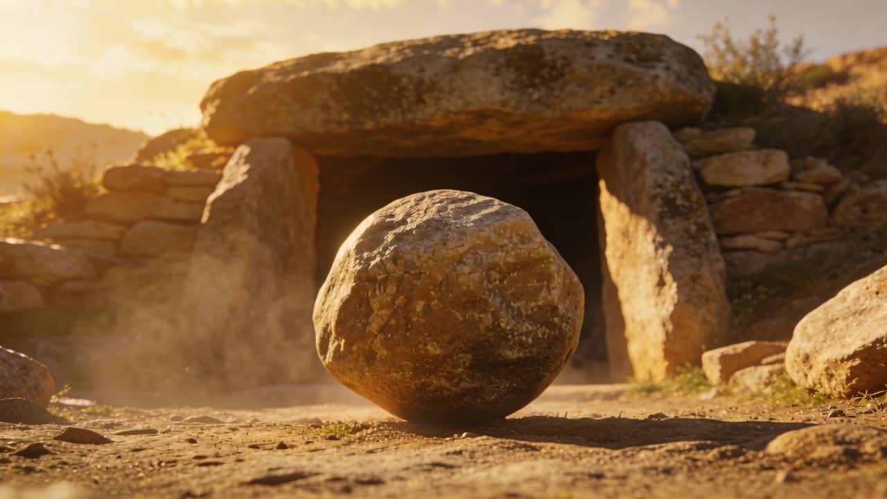 Un grande masso rotondo che rotola fuori da un dolmen su una collina rocciosa, con la polvere che si solleva dietro all'inizio della rotazione