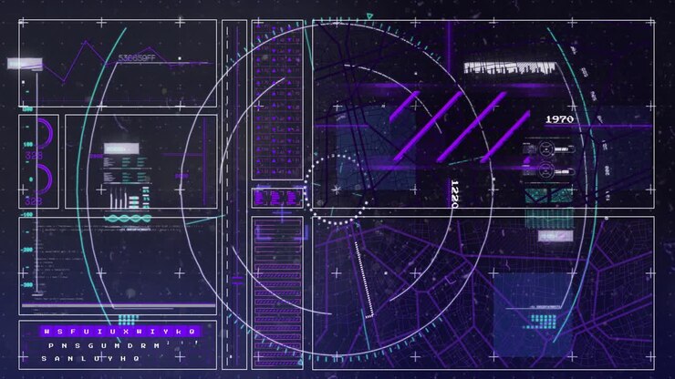 Glowing ring pulsing causing rotating radar sliding data panel sweeping scan line revealing map
