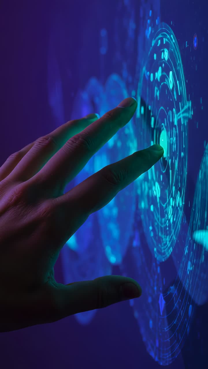 Vertical video: Nearing tip causing hand pressing core on holo engaging UI in neon room, copy space