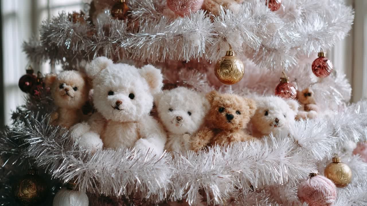 A Heartwarming Display of Adorable Teddy Bears Nestled Among Sparkling Christmas Decorations on a Festive Tree, Bringing Joy and Nostalgia to the Holiday Season