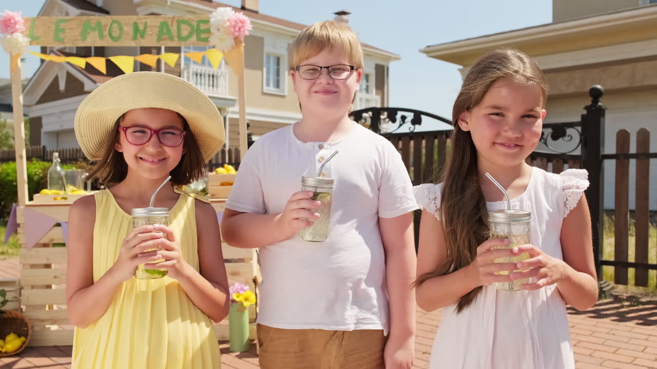 Kids Drinking Lemonade Outdoors In Summer