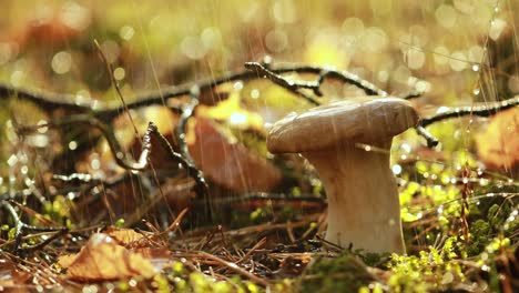 mushroom boletus in a sunny forest in the rain.