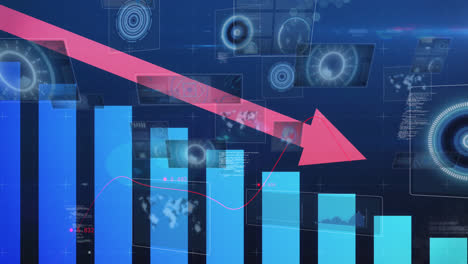 Animation-Von-Pfeil--Und-Finanzdiagrammen-Auf-Marineblauem-Hintergrund-Mit-Kreisen-Auf-Bildschirmen