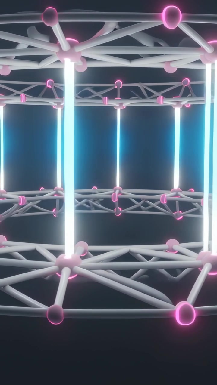 Video verticale: Telecamera che orbita attorno a una struttura ad anello in un set di computer grafica, mostrando tubi ciano pulsanti e nodi rosa.
