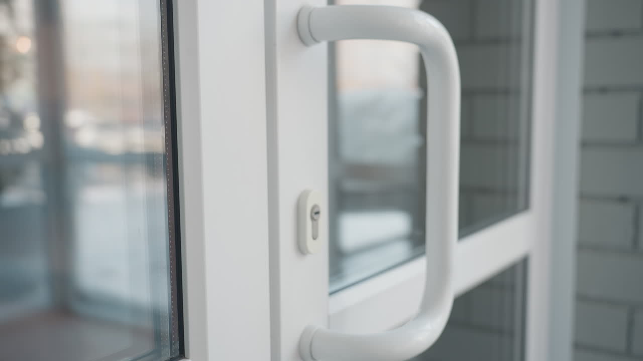 close up of young lady in denim jeans stepping out from mall holding book while pulling glass door handle, captured in natural light highlighting motion and urban style in commercial entryway