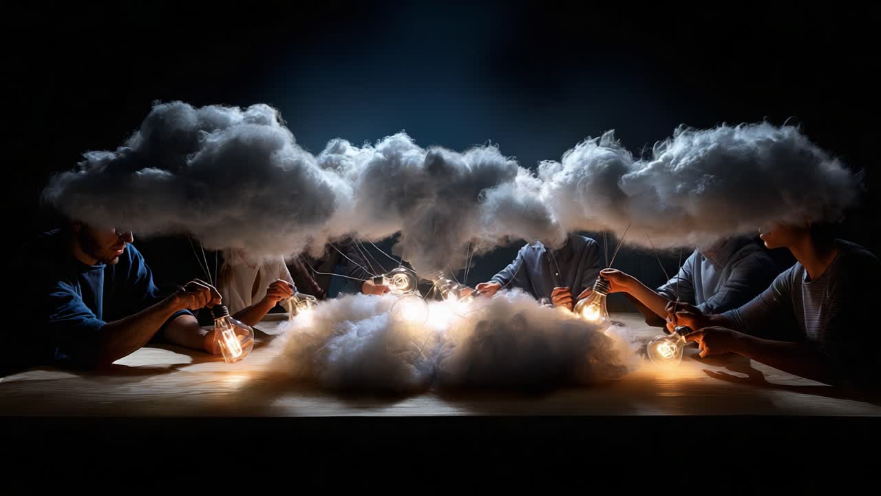 A Creative Exploration of Light and Imagination: Individuals Engaged in a Unique Artistic Expression as They Interact with Cloud-like Forms and Illuminated Light Bulbs