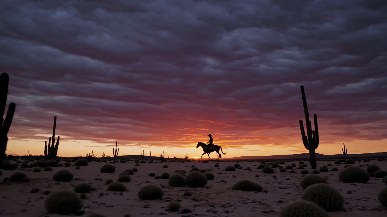 Cowboy a cavallo nel deserto al tramonto