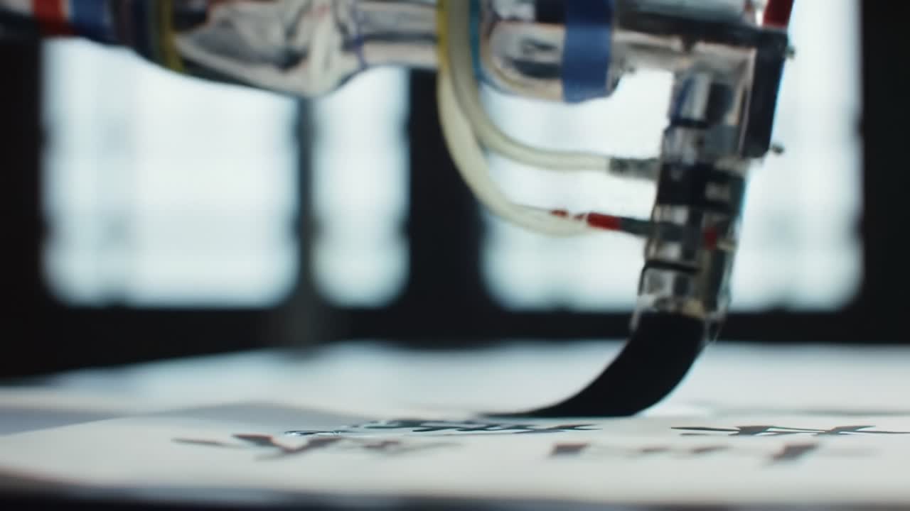 A Close-Up of a Robotic Pen in Action, Skillfully Creating Intricate Characters on Smooth Paper with Precise Movements and Fluid Ink Flow in a Well-Lit Environment