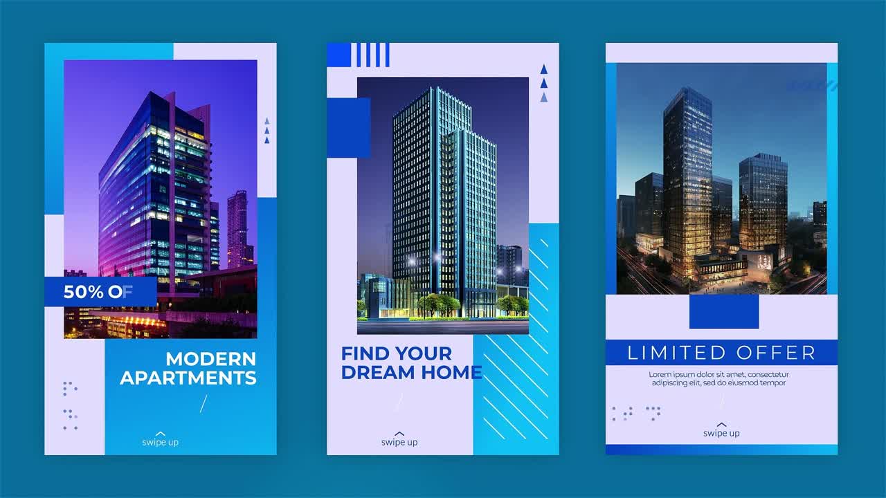 Pacchetto di storie immobiliari con layout animati per mostrare le proprietà e coinvolgere gli spettatori