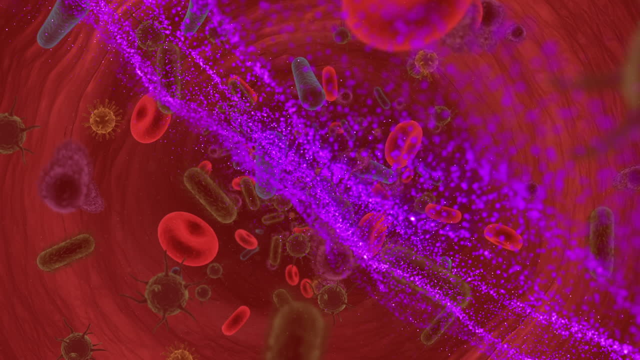 animación de la onda azul sobre las células en movimiento sobre el fondo rojo