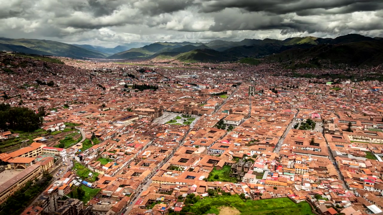 Drone hyperlapse view over populous City of Cusco the Historical Capital in Peru