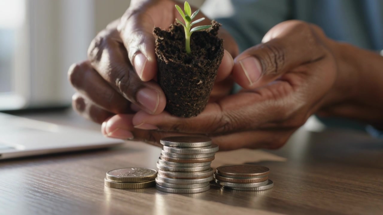 Entrant par la droite, des mains aux manchettes bleues tiennent et alignent un jeune plant au-dessus de pièces de monnaie sur un bureau, pour la croissance.