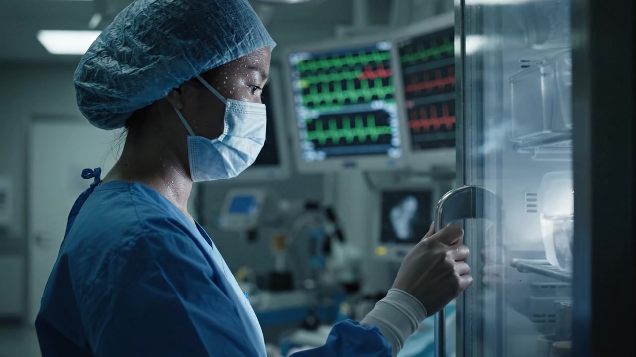 Profesional médico con atuendo quirúrgico concentrado en el equipo en un entorno de quirófano moderno, lleno de tecnología avanzada y monitores.