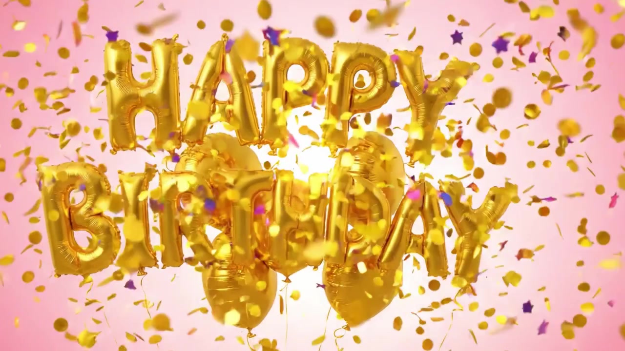 Una celebrazione vivace: palloncini dorati che formano il messaggio 'Buon Compleanno' su uno sfondo rosa, pieno di gioia e festività.