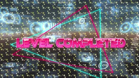 animation of level completed in digital abstract space with screens