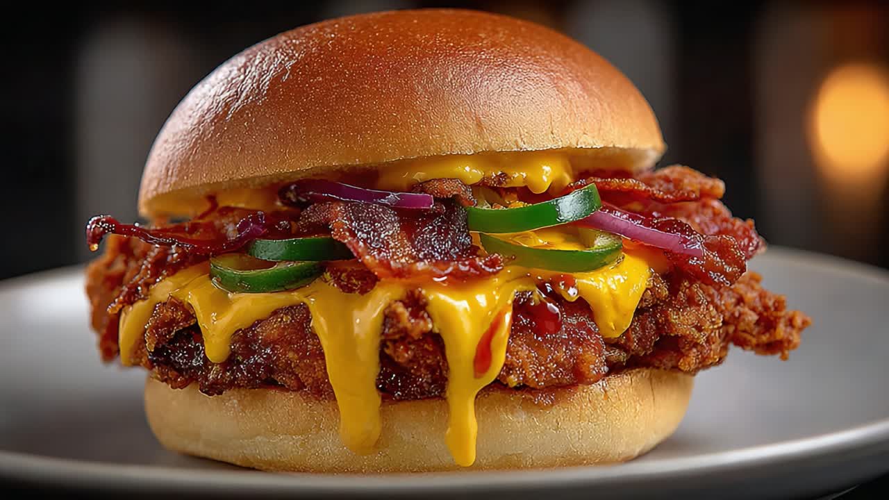 Indulge in a savory chicken sandwich featuring crispy fried chicken, melted cheddar, smoky bacon, fresh jalapeños, and zesty onions nestled in a soft, golden bun