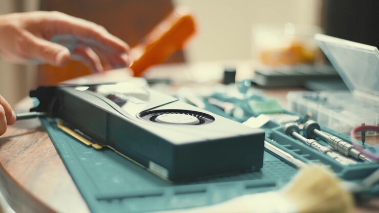 Technician assembling and repairing a computer graphics card